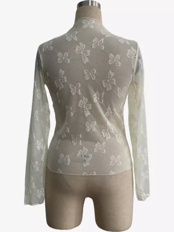 Top à manches longues en maille transparente avec n艙ud intégral jacquard pour femme 2026