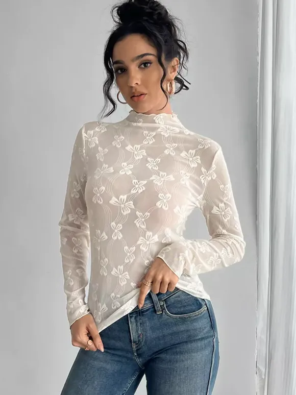 Top à manches longues en maille transparente avec n艙ud intégral jacquard pour femme 2026