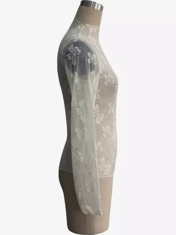 Top à manches longues en maille transparente avec n艙ud intégral jacquard pour femme 2026