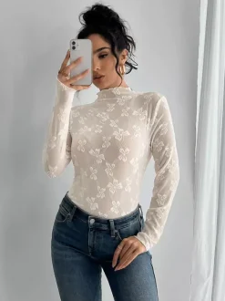 Top à manches longues en maille transparente avec n艙ud intégral jacquard pour femme 2026