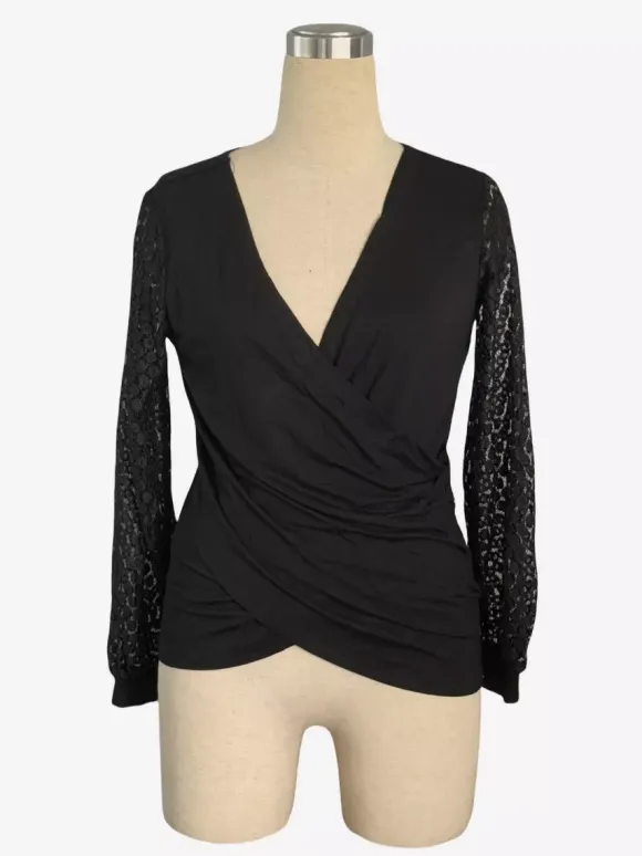 Top cache-c艙ur à col en V profond et manches longues en dentelle florale transparente pour femme 2026