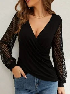 Top cache-c艙ur à col en V profond et manches longues en dentelle florale transparente pour femme 2026