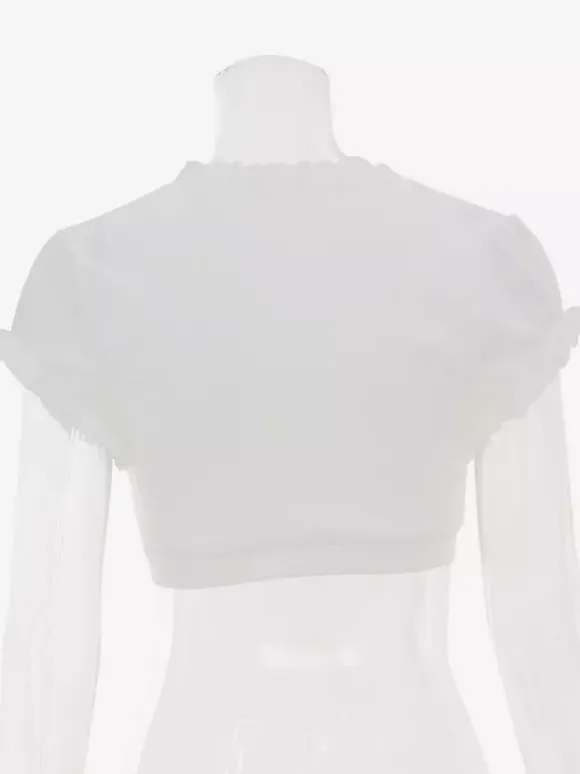 Top d'été court blanc crème à buste froncé manches bouffantes à volants et coupe cache-c艙ur