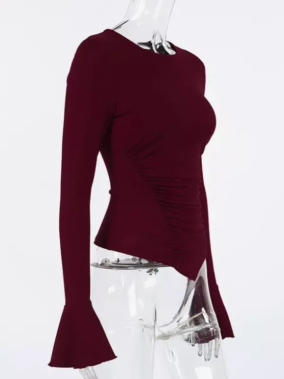 Top femme à manches longues froncées sur les côtés - Coupe ajustée et élégante avec poignets évasés - Style streetwear printemps 2026