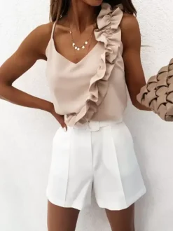Top Sexy Haut Sexy Femme Taille Haute avec Bretelles avec Volantes sans Manches avec Dos Nu Unicolore