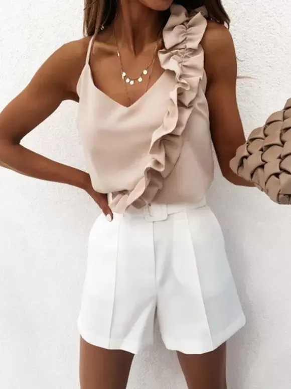 Top Sexy Haut Sexy Femme Taille Haute avec Bretelles avec Volantes sans Manches avec Dos Nu Unicolore