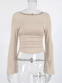 Top beige côtelé à manches longues pour femme - Coupe ajustée manches évasées et froncées sur le devant - Style streetwear minimaliste et basique pour le printemps 2026