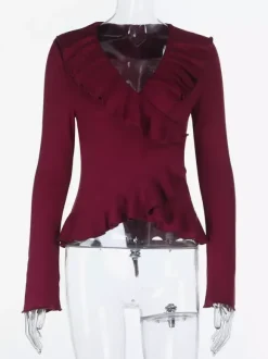 Top cache-c艙ur romantique à volants pour femme - Col en V manches longues - Style Coquette tenue idéale pour un rendez-vous romantique printanier 2026