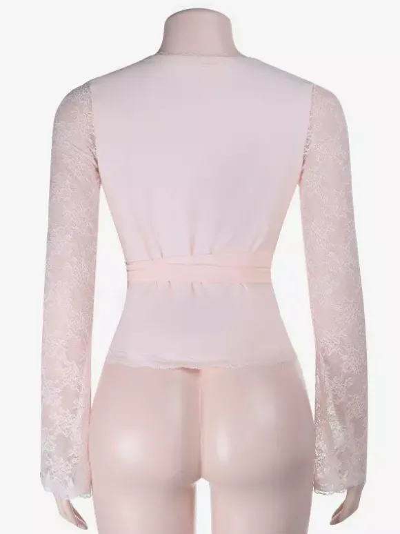 Top cache-c艙ur rose pâle pour femme - Chemisier à manches en dentelle transparente pour une soirée romantique - Haut romantique et sexy à décolleté plongeant style ballerine collection printemps 2026
