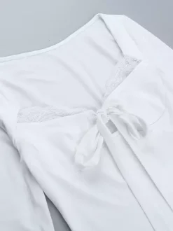 Top court à n艙ud papillon et bordure en dentelle pour femme - Chemisier Fairycore blanc à manches longues et coupe ajustée - Tenue de soirée printanière 2026