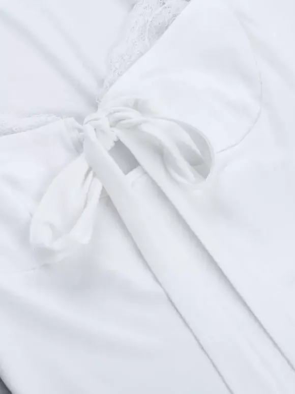 Top court à n艙ud papillon et bordure en dentelle pour femme - Chemisier Fairycore blanc à manches longues et coupe ajustée - Tenue de soirée printanière 2026