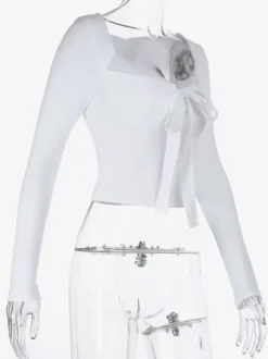 Top court à n艙ud papillon et bordure en dentelle pour femme - Chemisier Fairycore blanc à manches longues et coupe ajustée - Tenue de soirée printanière 2026