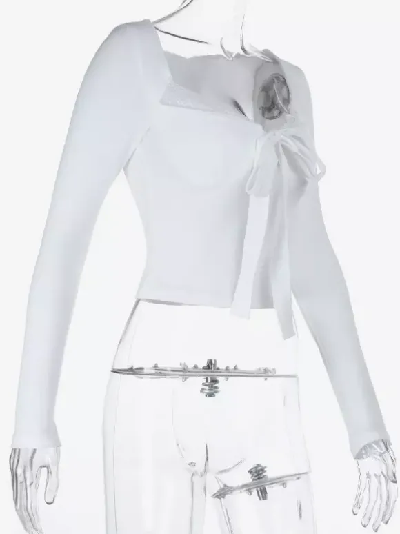 Top court à n艙ud papillon et bordure en dentelle pour femme - Chemisier Fairycore blanc à manches longues et coupe ajustée - Tenue de soirée printanière 2026
