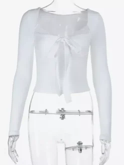 Top court à n艙ud papillon et bordure en dentelle pour femme - Chemisier Fairycore blanc à manches longues et coupe ajustée - Tenue de soirée printanière 2026