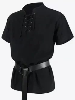 Top Noir Vintage Haut Rétro À Lacets Manches Courtes Polyester Fibre Chemise Rétro Costumes Pour Homme