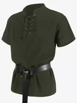 Top Noir Vintage Haut Rétro À Lacets Manches Courtes Polyester Fibre Chemise Rétro Costumes Pour Homme