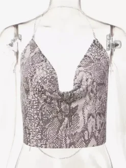 Tops Sexy en Paillettes Taille Haute Femmes avec Bretelles à Lacets à Col Décolleté en V avec Dos Nu Unicolore