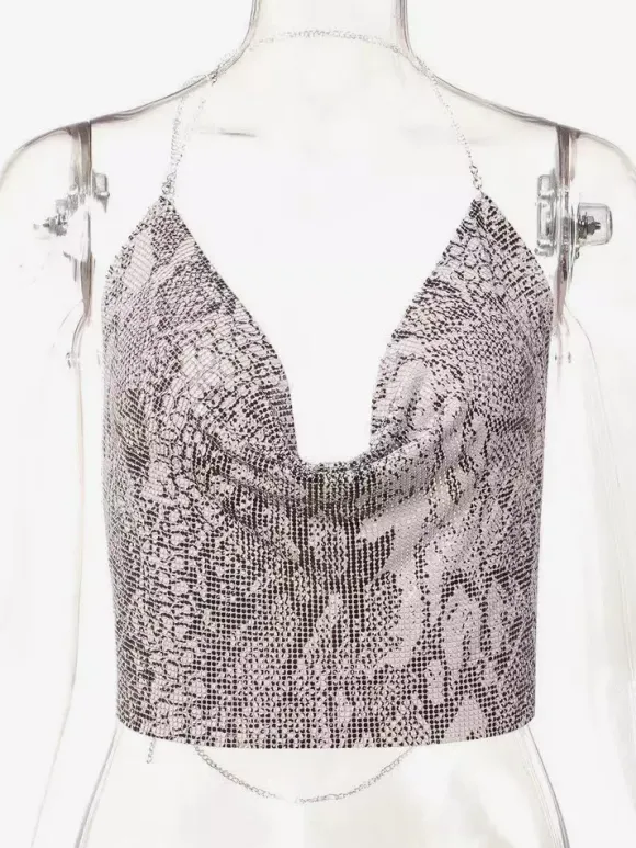 Tops Sexy en Paillettes Taille Haute Femmes avec Bretelles à Lacets à Col Décolleté en V avec Dos Nu Unicolore