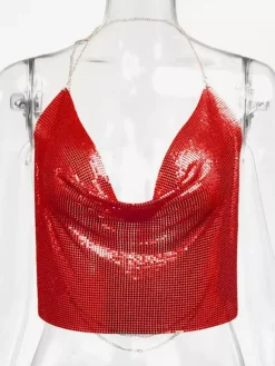 Tops Sexy en Paillettes Taille Haute Femmes avec Bretelles à Lacets à Col Décolleté en V avec Dos Nu Unicolore