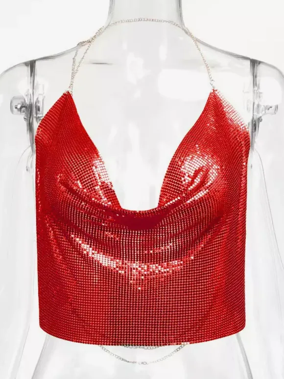 Tops Sexy en Paillettes Taille Haute Femmes avec Bretelles à Lacets à Col Décolleté en V avec Dos Nu Unicolore