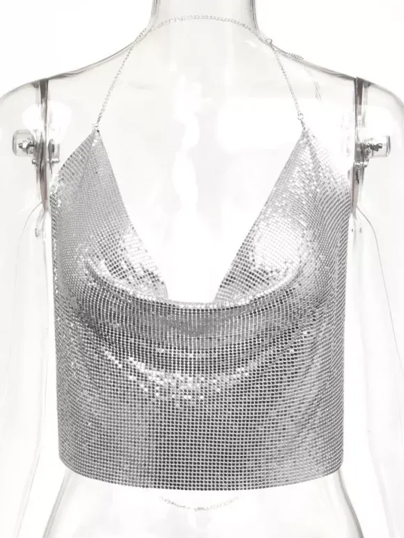 Tops Sexy en Paillettes Taille Haute Femmes avec Bretelles à Lacets à Col Décolleté en V avec Dos Nu Unicolore