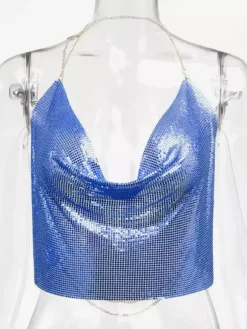 Tops Sexy en Paillettes Taille Haute Femmes avec Bretelles à Lacets à Col Décolleté en V avec Dos Nu Unicolore