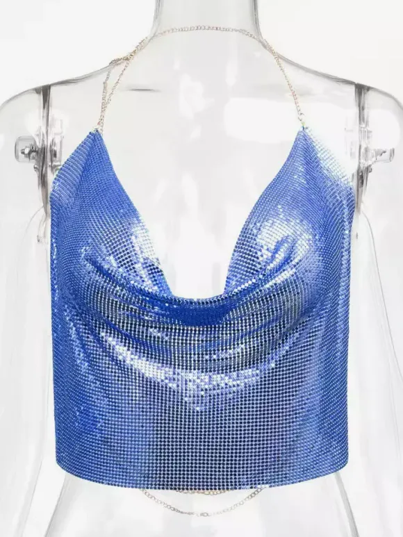 Tops Sexy en Paillettes Taille Haute Femmes avec Bretelles à Lacets à Col Décolleté en V avec Dos Nu Unicolore