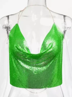 Tops Sexy en Paillettes Taille Haute Femmes avec Bretelles à Lacets à Col Décolleté en V avec Dos Nu Unicolore