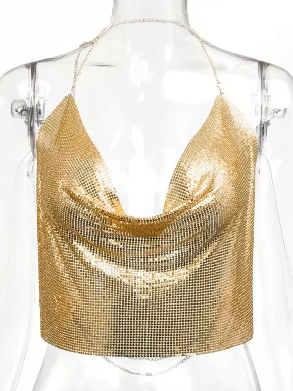Tops Sexy en Paillettes Taille Haute Femmes avec Bretelles à Lacets à Col Décolleté en V avec Dos Nu Unicolore