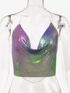 Tops Sexy en Paillettes Taille Haute Femmes avec Bretelles à Lacets à Col Décolleté en V avec Dos Nu Unicolore