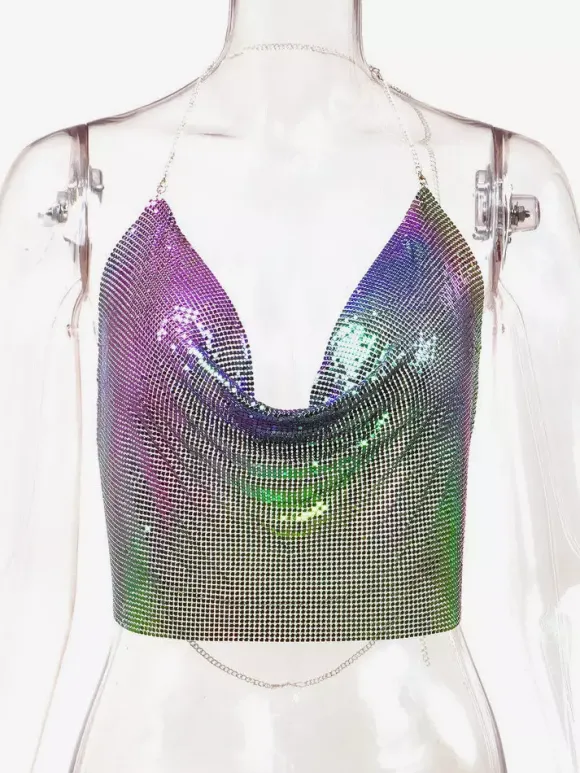Tops Sexy en Paillettes Taille Haute Femmes avec Bretelles à Lacets à Col Décolleté en V avec Dos Nu Unicolore