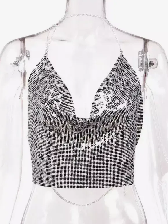 Tops Sexy en Paillettes Taille Haute Femmes avec Bretelles à Lacets à Col Décolleté en V avec Dos Nu Unicolore