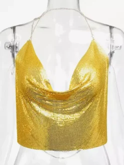Tops Sexy en Paillettes Taille Haute Femmes avec Bretelles à Lacets à Col Décolleté en V avec Dos Nu Unicolore