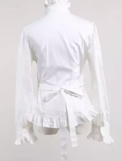 Toussaint Cospaly Costume Lolita blanc Blouse manches longues col haut volants en coton avec dentelle Déguisements Halloween