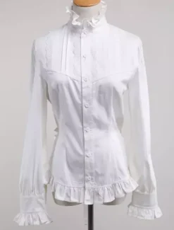 Toussaint Cospaly Costume Lolita blanc Blouse manches longues col haut volants en coton avec dentelle Déguisements Halloween
