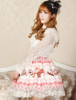 Toussaint Cospaly Costume Lolita douce Jupe rose courte imprimé gâteau crème glacée avec dentelle Déguisements Halloween