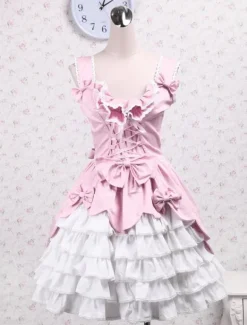 Toussaint Cosplay Lolita Jupe rose blanche douce encoton Lace Up volants couches arcs Déguisements Halloween