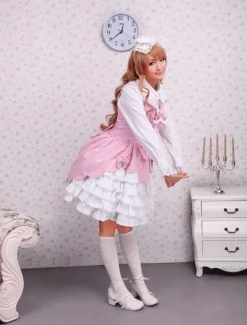 Toussaint Cosplay Lolita Jupe rose blanche douce encoton Lace Up volants couches arcs Déguisements Halloween