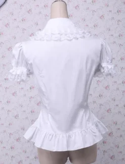 Toussaint Cosplay Lolita Chemisier blanc doux blouse manches courtes Turn-down garniture de dentelle Déguisements Halloween