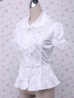 Toussaint Cosplay Lolita Chemisier blanc doux blouse manches courtes Turn-down garniture de dentelle Déguisements Halloween