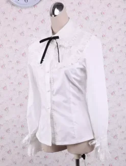 Toussaint Cosplay Lolita Blouse blanche manches longues en coton avec dentelle garniture Turn-down col Black Bow Déguisements Halloween