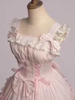 Toussaint Cospaly Costume en coton Lolita Jupe rose clair avec dentelle garniture Lace Up volants Déguisements Halloween
