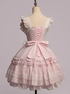 Toussaint Cospaly Costume en coton Lolita Jupe rose clair avec dentelle garniture Lace Up volants Déguisements Halloween