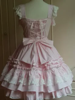 Toussaint Cospaly Costume en coton Lolita Jupe rose clair avec dentelle garniture Lace Up volants Déguisements Halloween
