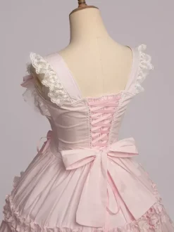 Toussaint Cospaly Costume en coton Lolita Jupe rose clair avec dentelle garniture Lace Up volants Déguisements Halloween