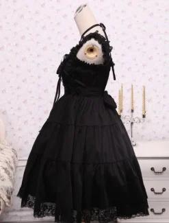 Toussaint Cospaly Costume Lolita Robe noire manches longues lacer Lace Trim boucles Déguisements