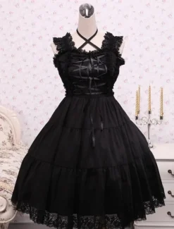 Toussaint Cospaly Costume Lolita Robe noire manches longues lacer Lace Trim boucles Déguisements