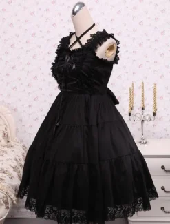 Toussaint Cospaly Costume Lolita Robe noire manches longues lacer Lace Trim boucles Déguisements