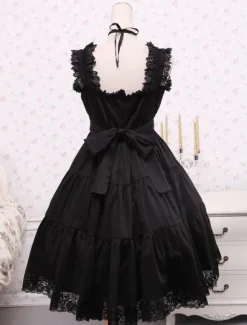 Toussaint Cospaly Costume Lolita Robe noire manches longues lacer Lace Trim boucles Déguisements
