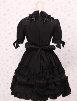 Toussaint Cospaly Costume Lolita Robe noire Lolita manches courtes dentelle garniture bandoulières Déguisements